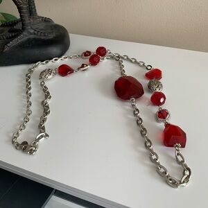 Red Glass Silvertone Necklace